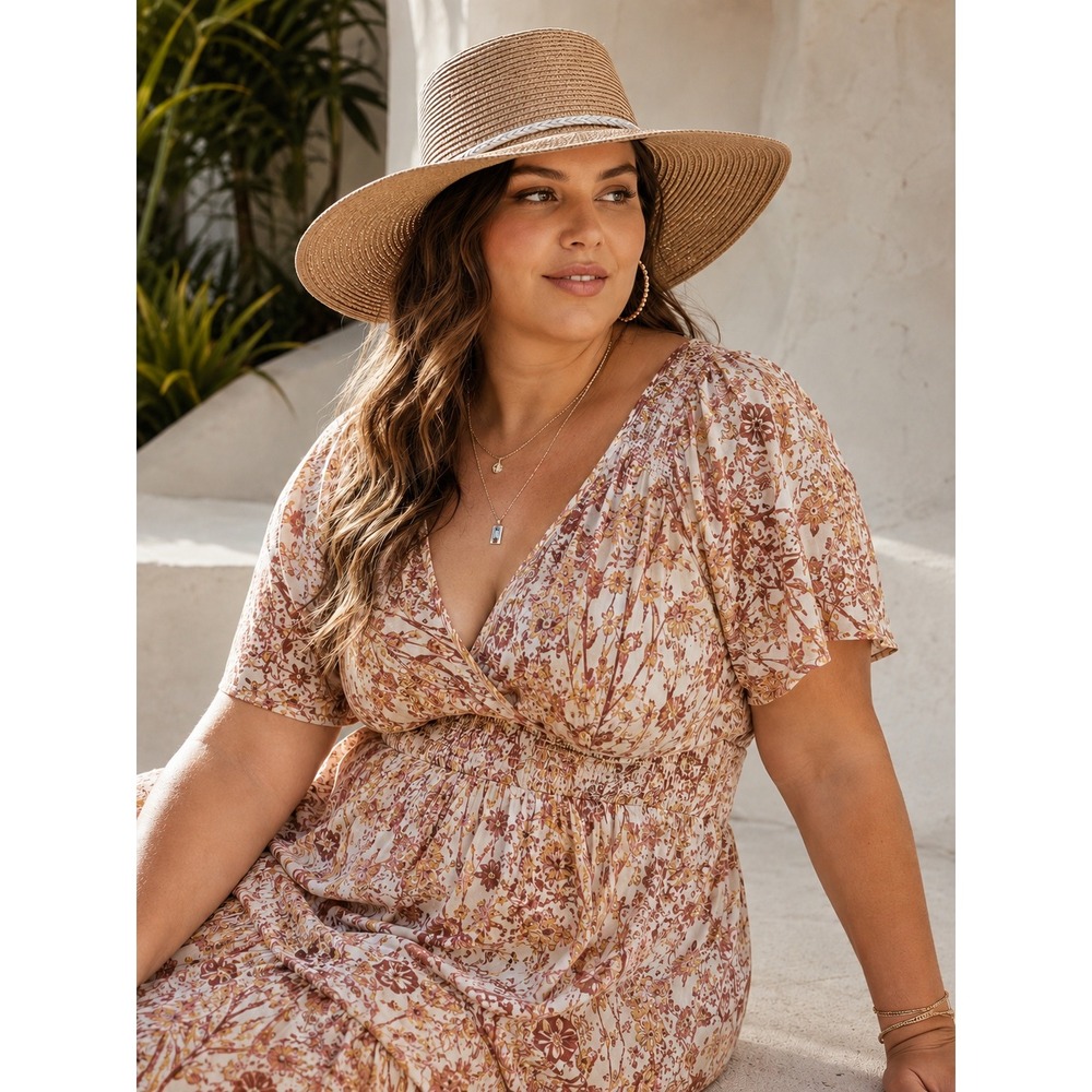 Lane Bryant Womens Tan Straw Wide Brim Sun Hat Braided Trim NEW